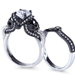 Elegant Silver and Black Skull Ring Set